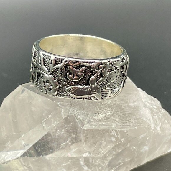 Boho Hummingbird and Flowers Band Ring #1219 - Picture 6 of 7
